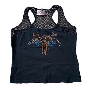 Twin Motorcycle Apparel Black Bedazzled HOG HONEY Mesh Racer Back Tank Top 2XL
